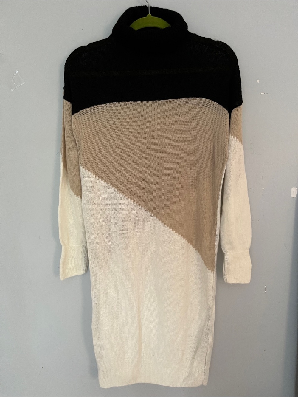 Colorblock Turtleneck Sweater Dress in Black, Beige & White